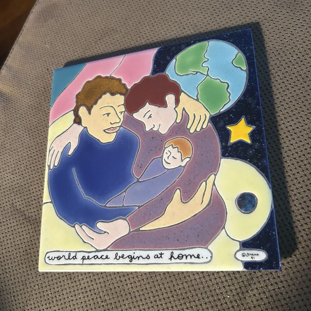 World Peace Begins At Home Wedding Love Ceramic Tile Family Baby Handmade signed